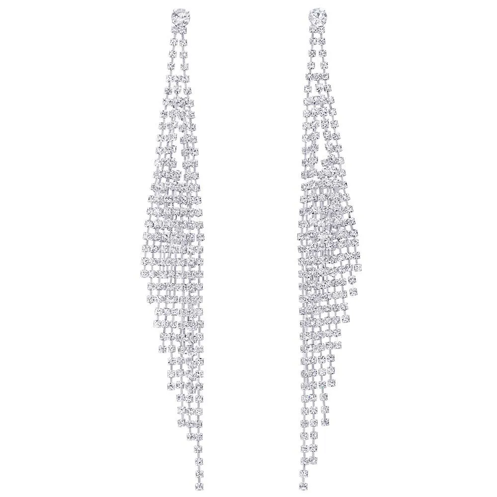 Wedding Rhinestone Cluster Long Chain Tassel Waterfall Dangle Drop Statement Earrings, Sparkling